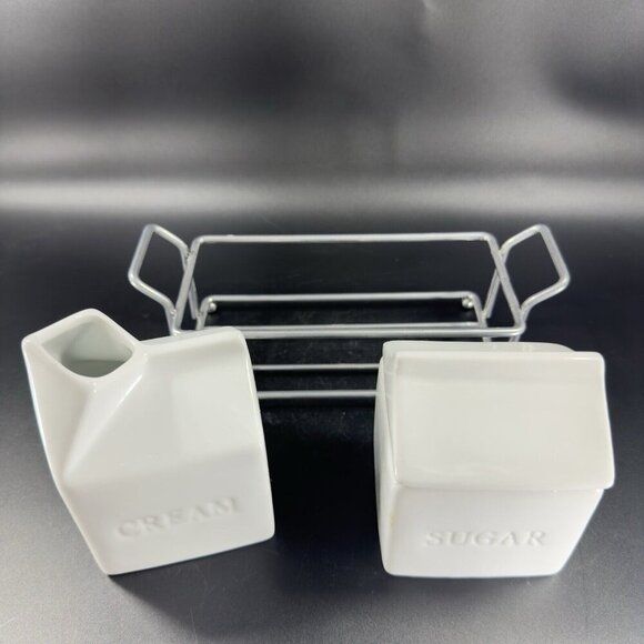 Denmark Sugar And Creamer Set 2 Vitrified Porcelain White Ceramic W Metal Rack - Picture 7 of 11